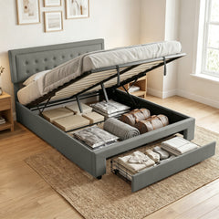 HOMCOM King Size Ottoman Bed Frame, with Front Drawer - Grey