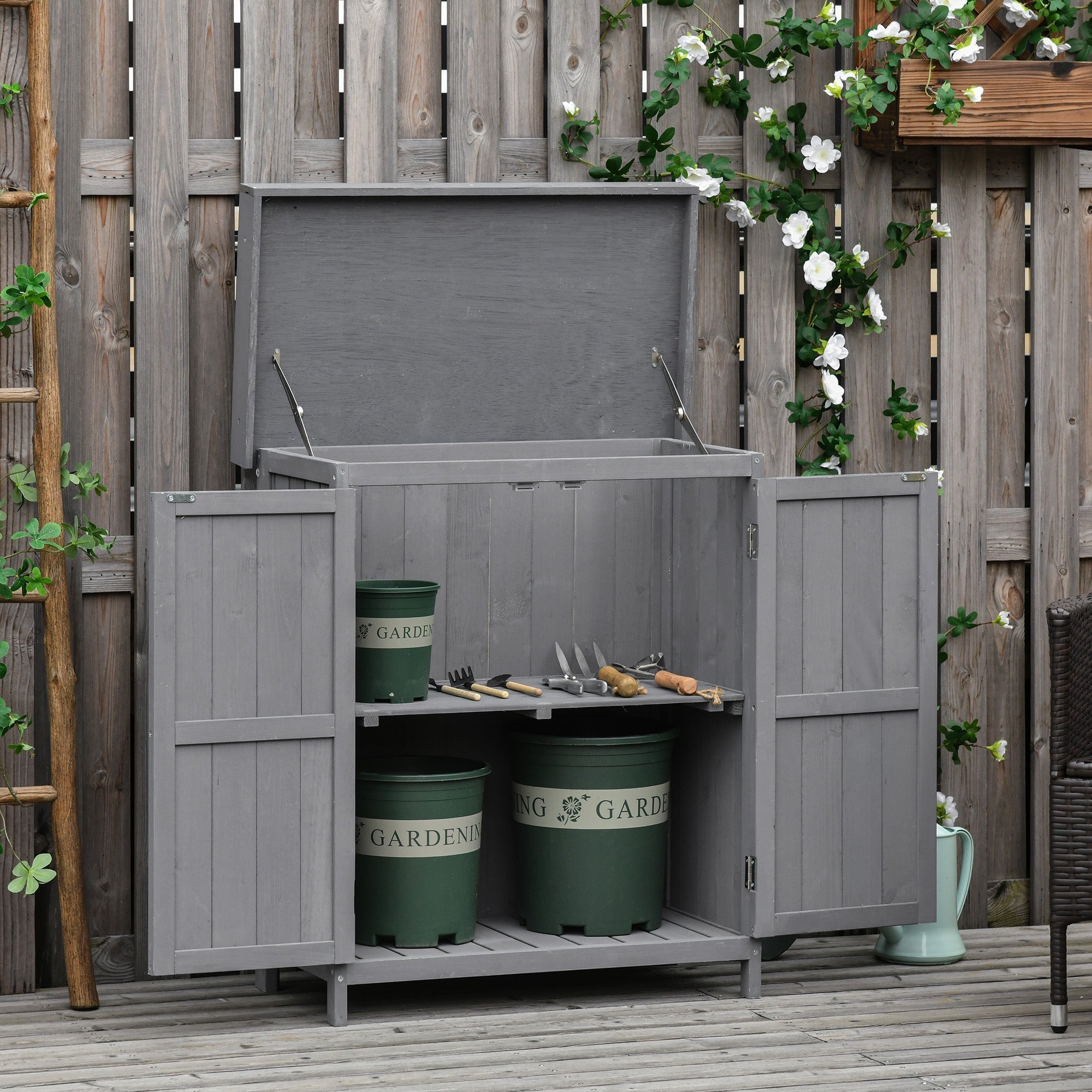 Outsunny Small Shed, Wooden Garden Shed with Openable Hinged Roof and Removable Shelf, Outdoor Tool Storage Cabinet Chest with Double Doors, 74 x 43 x 88 cm, Grey
