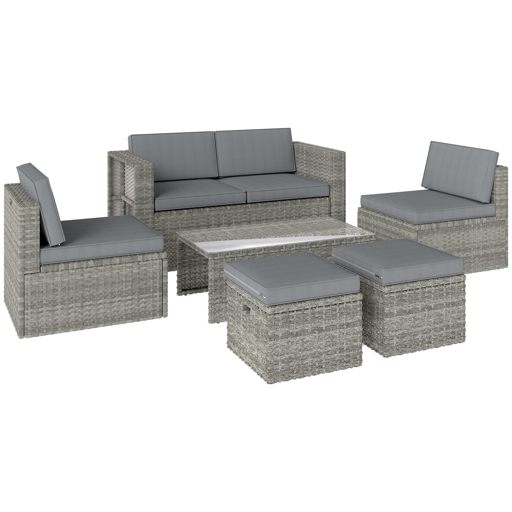 Outsunny 6 Piece Rattan Garden Furniture Set, Nesting Patio Conversation Set with Loveseat, Chairs, Table, Footstools, Dark Grey
