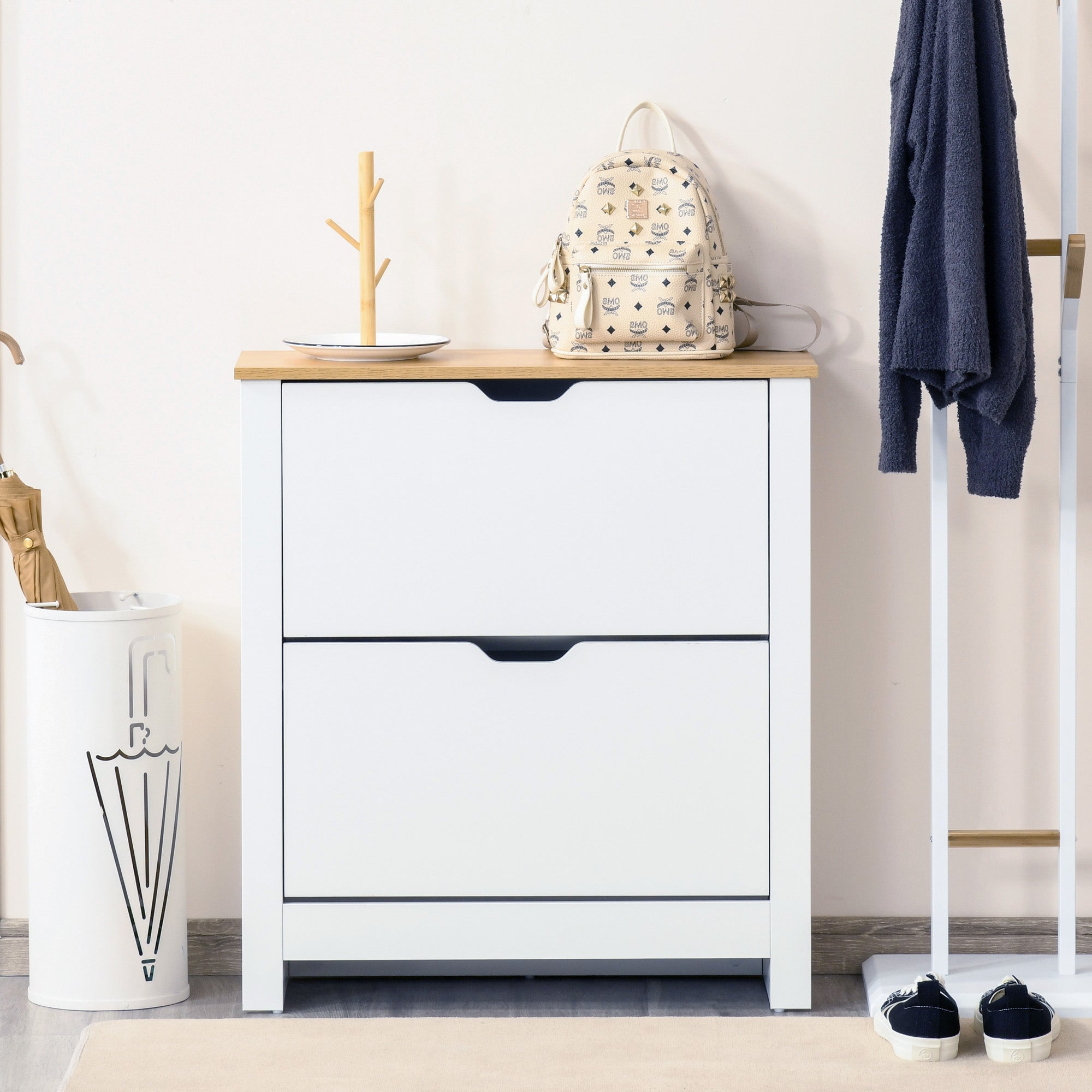 HOMCOM Narrow Shoe Cabinet, Space Saving Shoe Storage Cabinet with 2 Flip Drawers and Adjustable Shelves for 6-12 Pairs of Shoes for Hallways and Living Room, White