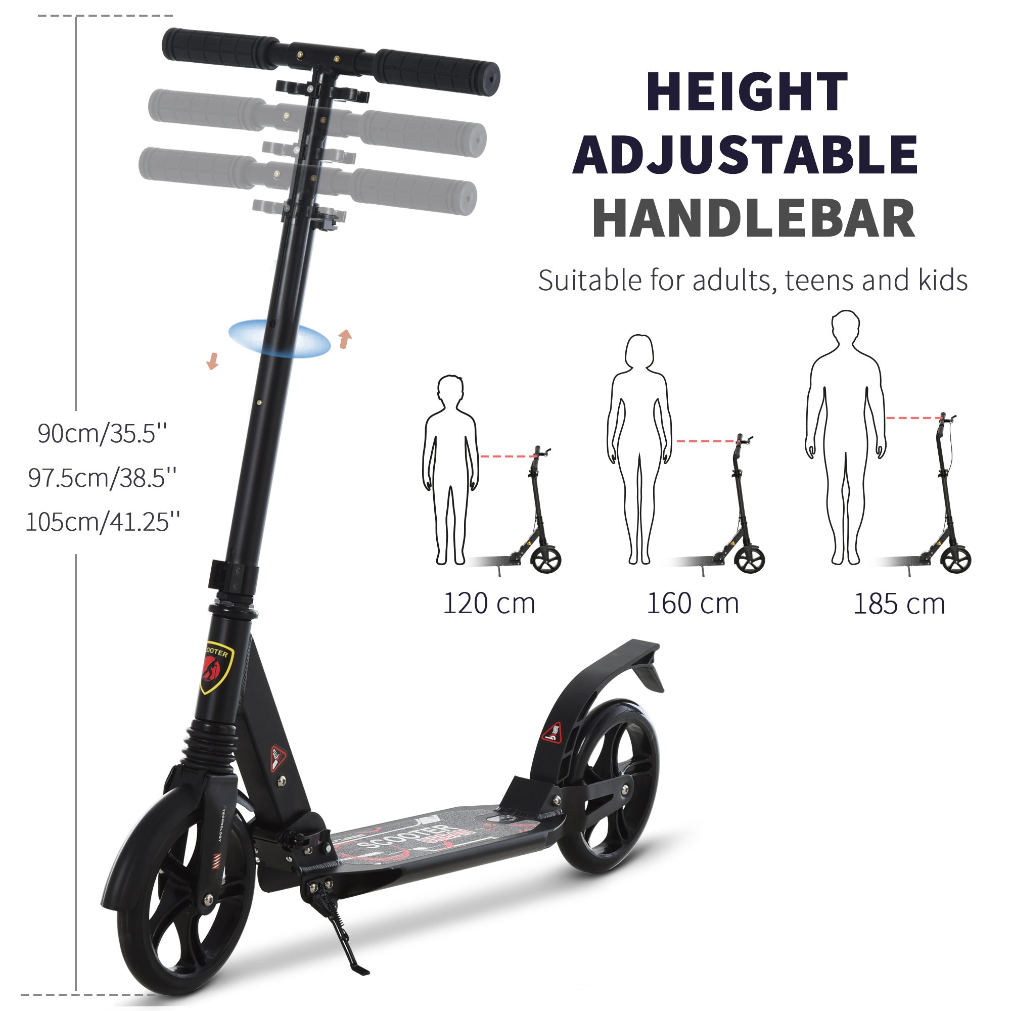 HOMCOM Folding Kick Scooter, Adjustable Ride On Scooter with 200mm Big Wheels and Double Shock Absorption, Urban Scooter for 14+ Teens Adult, Black