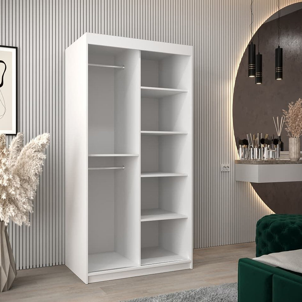 The sliding door wardrobe with doors open showing internal shelves and hanging rails