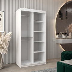 The sliding door wardrobe with doors open showing internal shelves and hanging rails