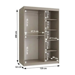 The sliding door wardrobe with dimensions shown in centimetres