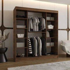 The sliding door wardrobe interior showing hanging rails and open shelves with storage boxes