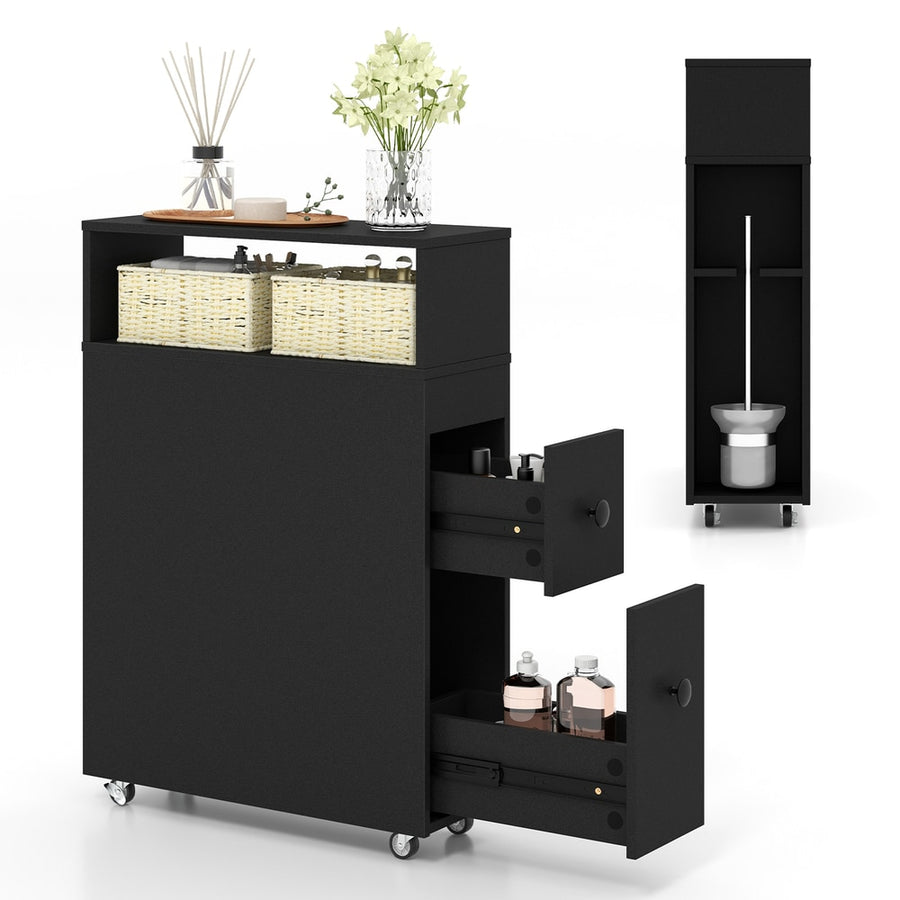 Slim Bathroom Storage Cabinet Movable with 2 Drawers and Baskets-Black