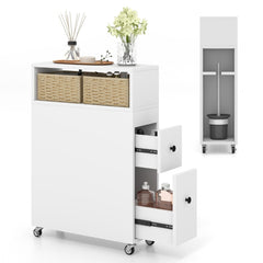 Slim Bathroom Storage Cabinet Movable with two drawers and baskets in white