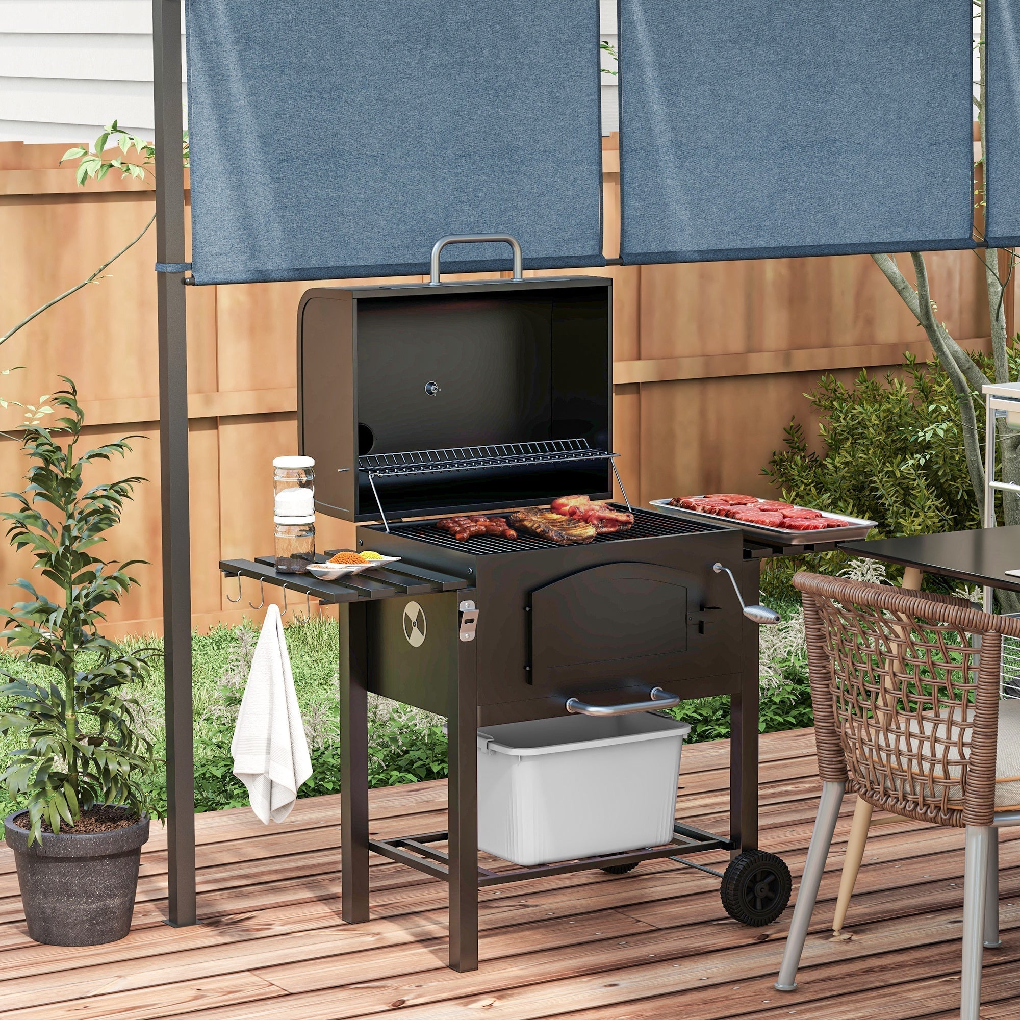 Outsunny 3-in-1 Charcoal BBQ, with Shelves - Black