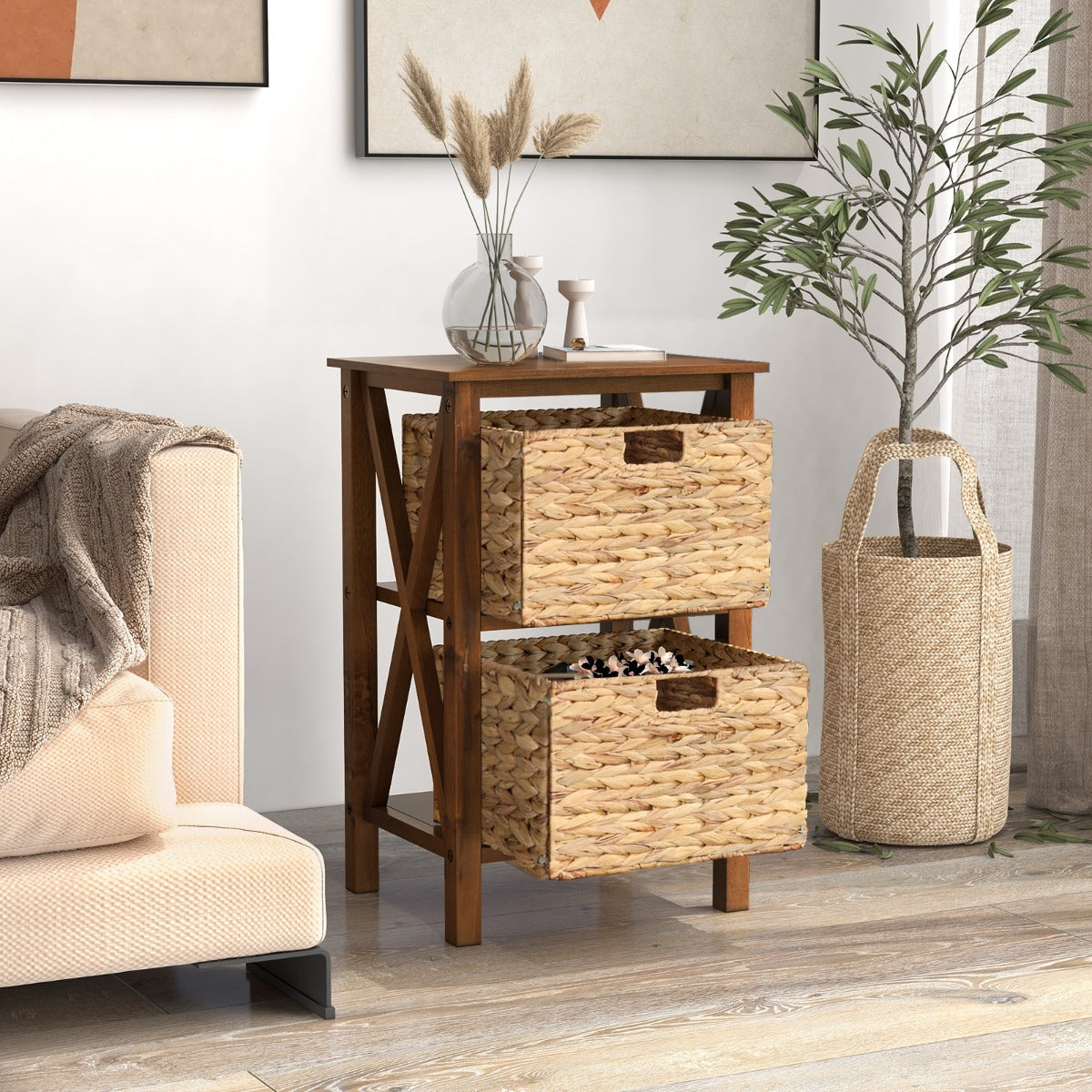 Sofa Side Table with Seagrass Baskets and Rubber Wood X-Shaped Frames and Acacia Wood Legs-Rustic Brown-2-Tier