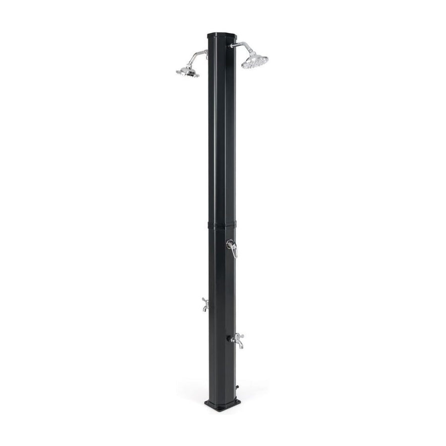Solar Heated Shower with Dual Swivel Shower Heads-Black, a tall black shower unit with two shower heads and two taps