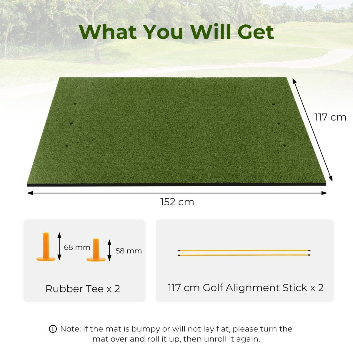 Golf Hitting Mat Includes 2 Rubber Tees and 2 Alignment Sticks-L