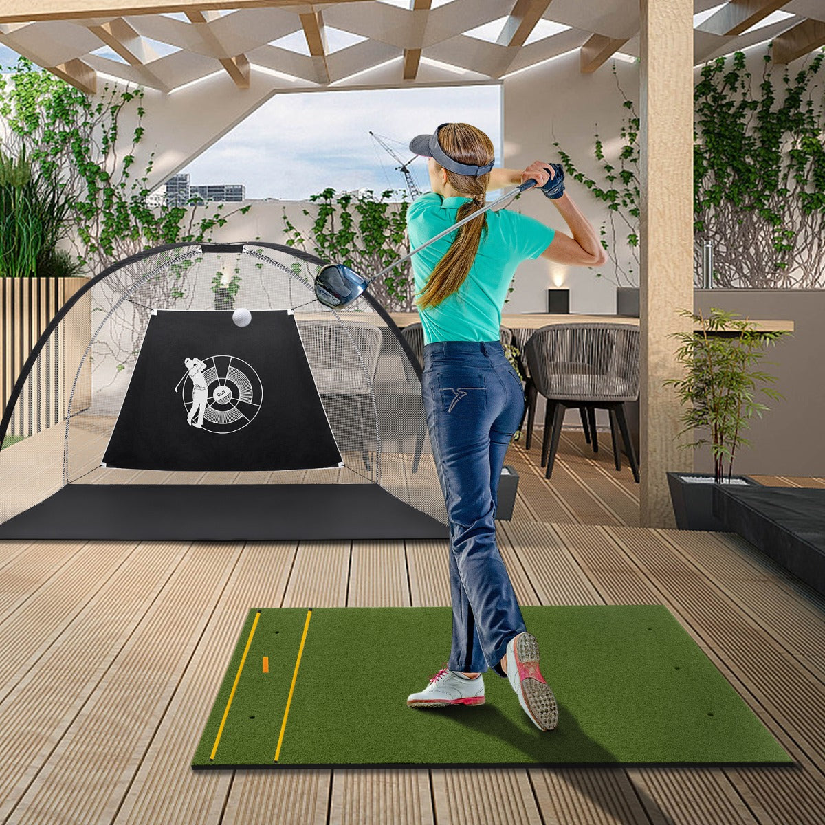 Golf Hitting Mat Includes 2 Rubber Tees and 2 Alignment Sticks-L