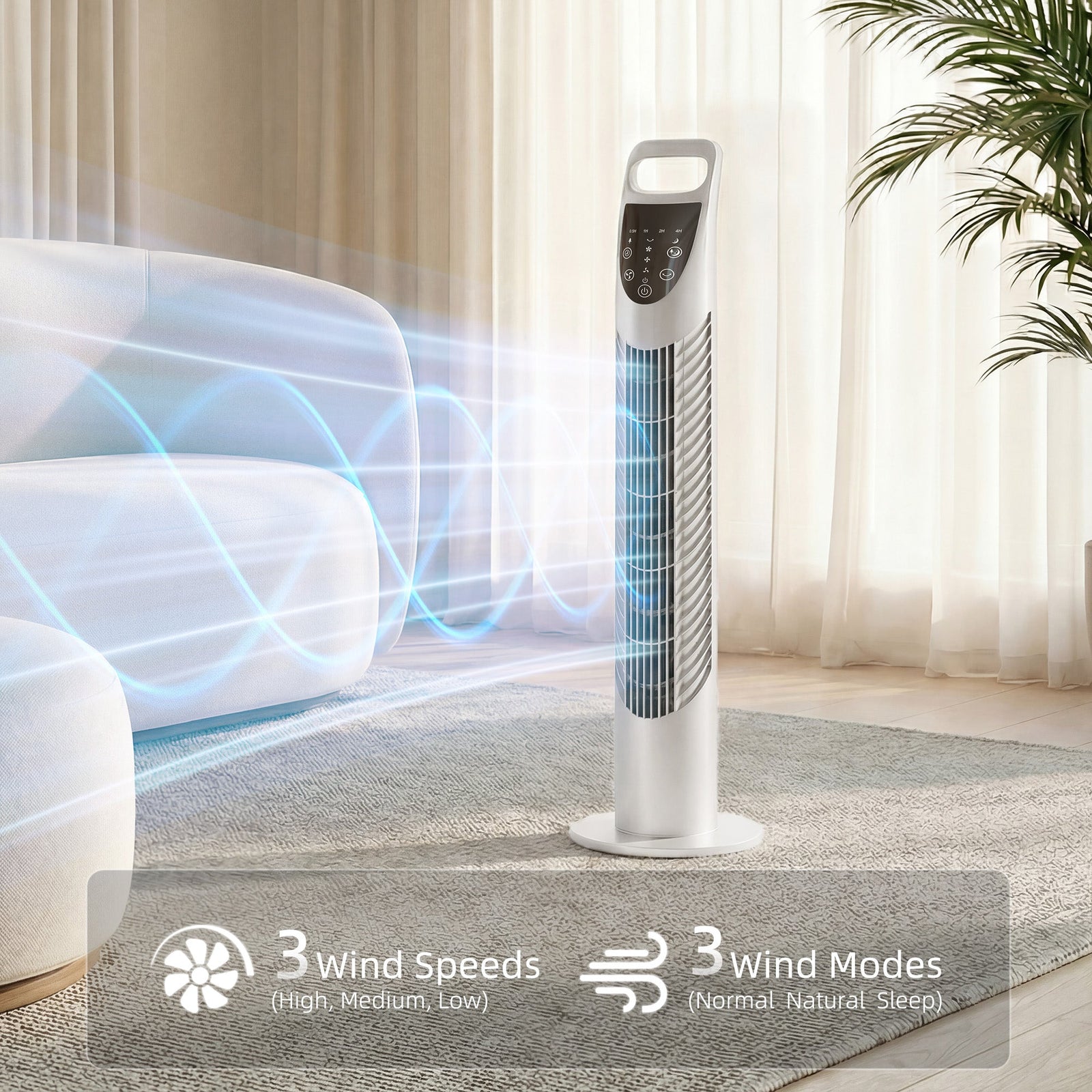 HOMCOM Tower Fan Oscillating 3 Speeds 3 Winds 40W w/ RC Timer Quiet - White