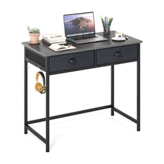 Space Saving Computer Desk with 2 Fabric Drawers shown on a white background with a laptop