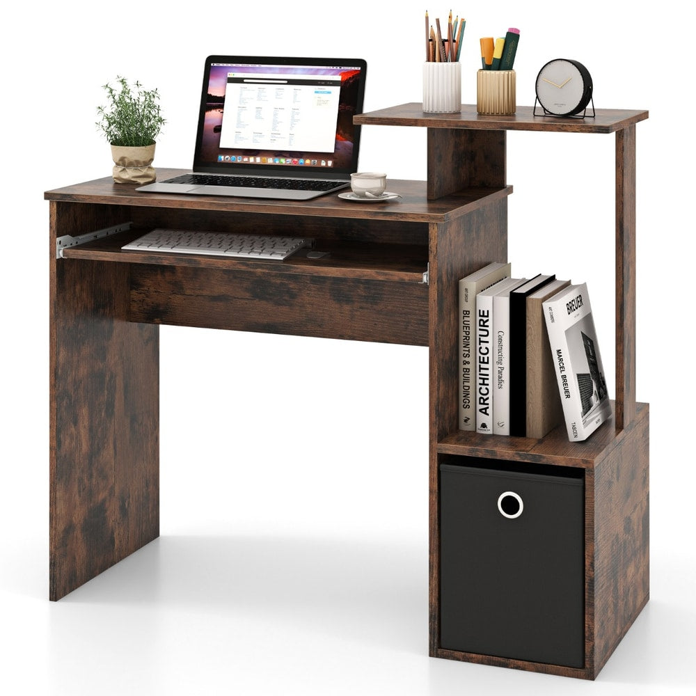 Space-saving Computer Desk with a laptop, keyboard tray, open shelf and a black fabric drawer