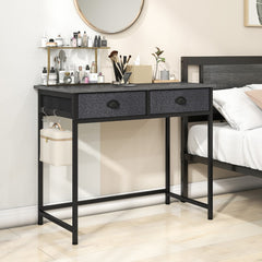 The office desk used as a dressing table in a bedroom with beauty products and a mirror