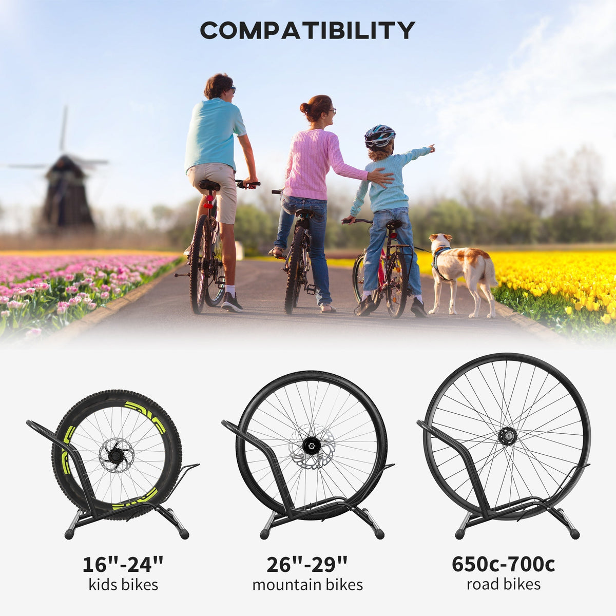 SPORTNOW Portable Bike Floor Stand, Freestanding Bike Rack for 16"-29" Kid's/Mountain/Road Bikes Home Garages Use - product