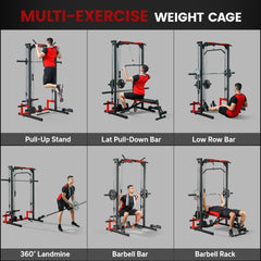 The power tower shown in a grid of six different exercise positions for a full body workout