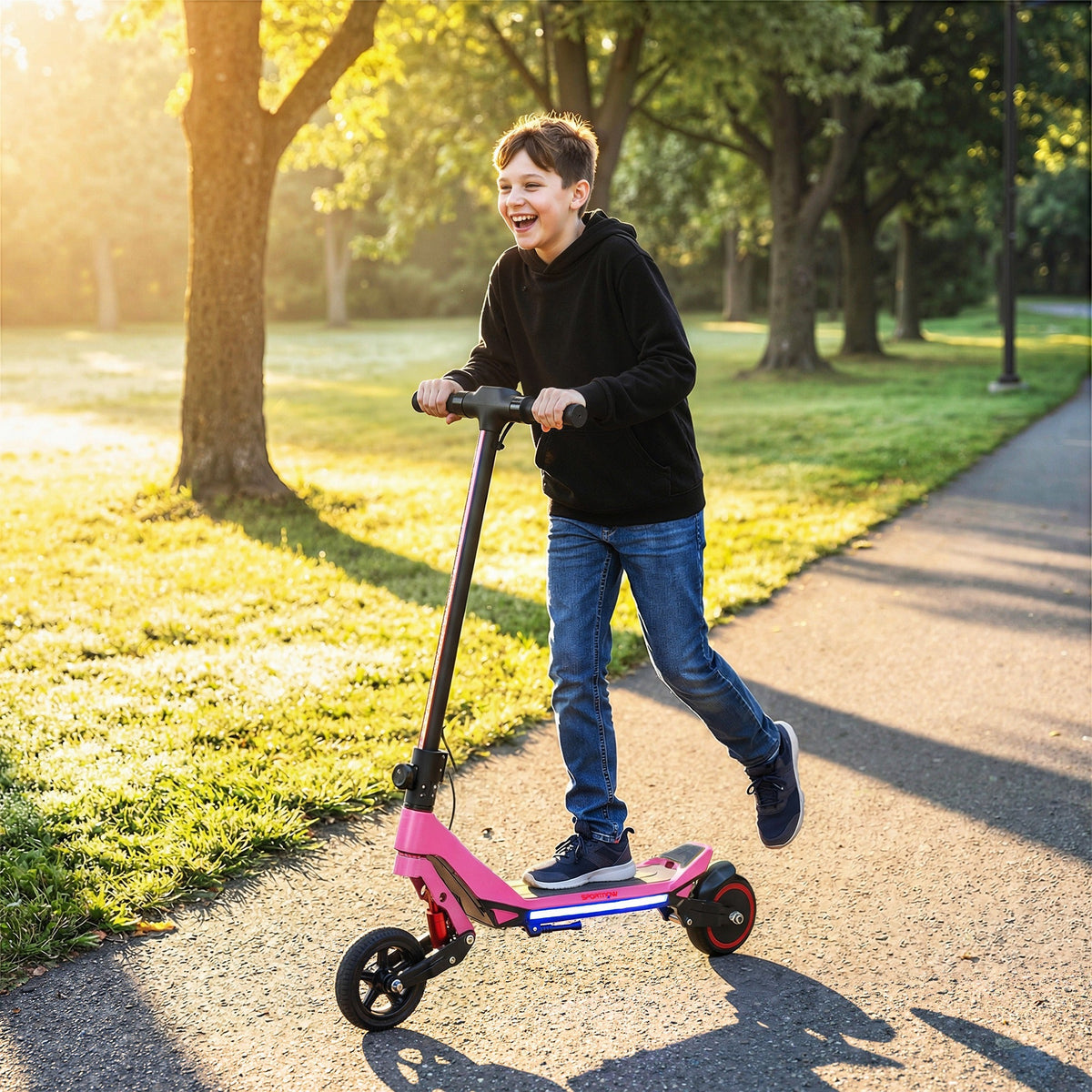 A happy boy riding the pink electric scooter for kids outdoors on a sunny day