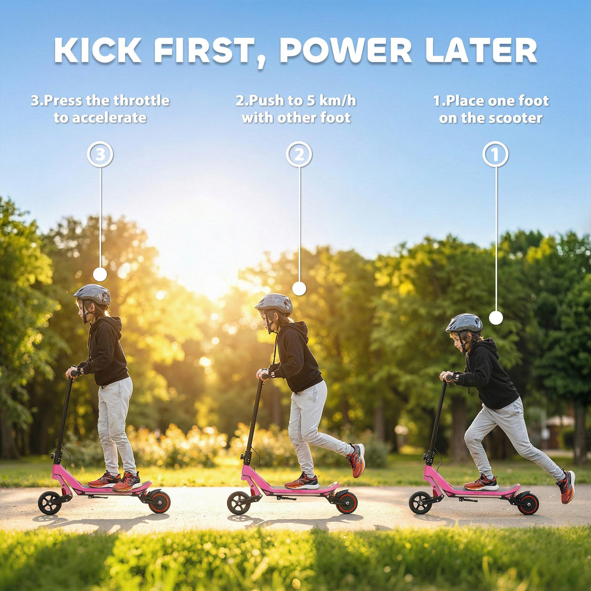 Three stages of a child learning to ride the pink electric scooter for kids