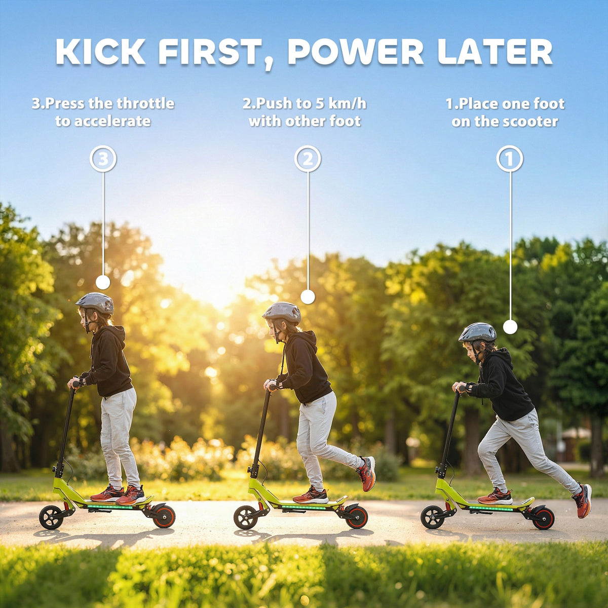 Three stages of a child starting the green electric scooter, showing how to kick and power