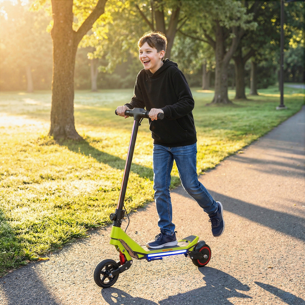 A happy boy riding the green kids electric scooter along a sunny park path