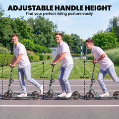 Three men demonstrate the adjustable handlebar height of the foldable kick scooter