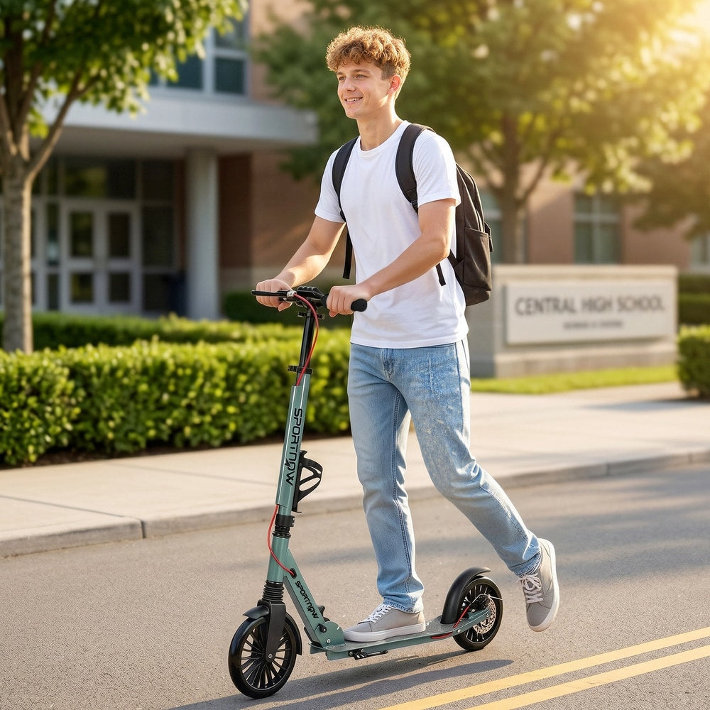 A young man rides the foldable kick scooter down a street outside a school building