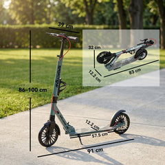 Foldable kick scooter with dimensions shown for length, height and wheel size