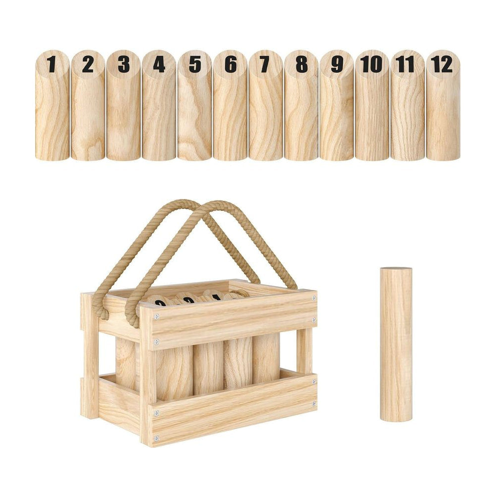 SPORTNOW Wooden Scatter Game Set with 12 numbered skittles and a throwing pin in a wooden box