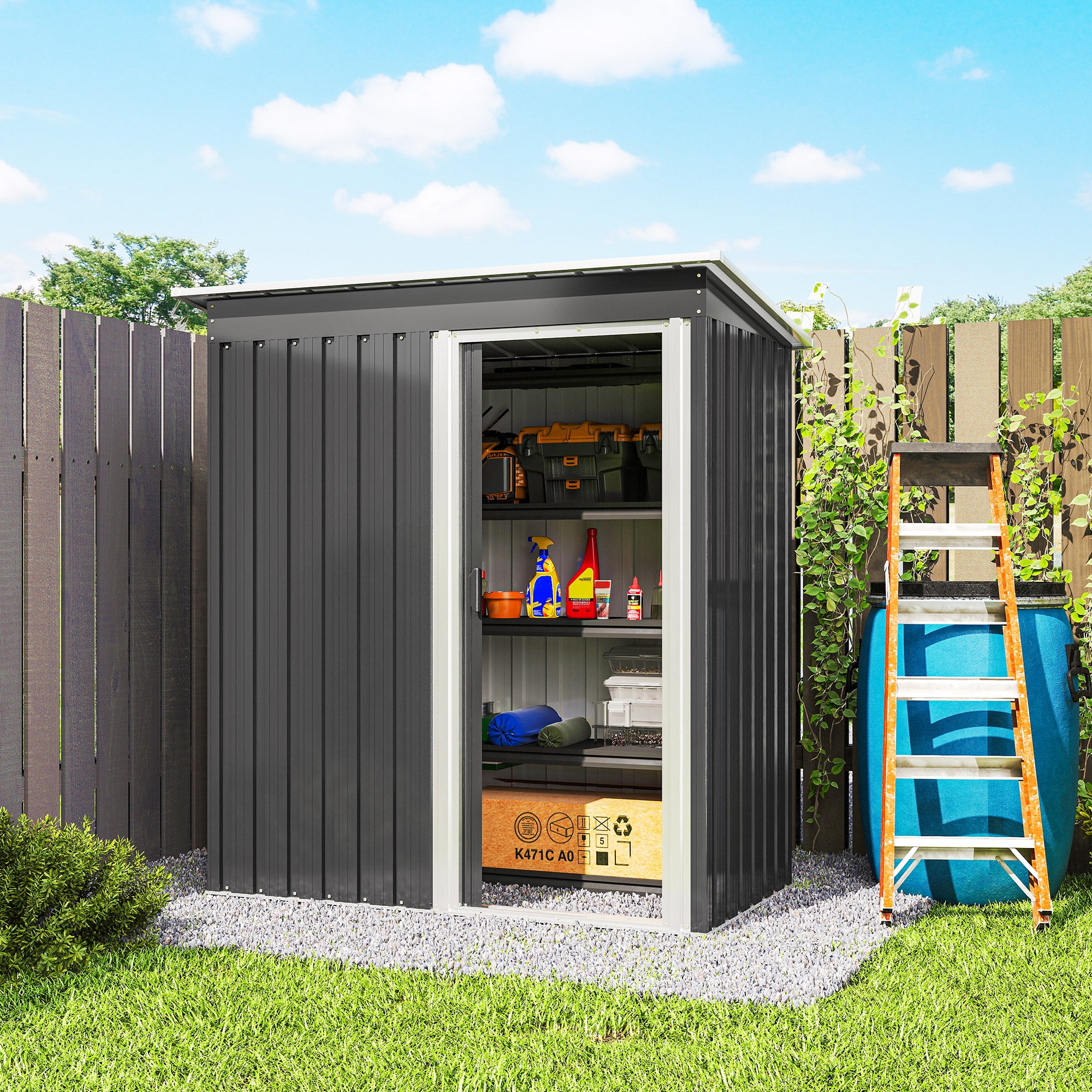 Outsunny 5 x 3ft Garden Storage Shed with Sliding Door and Sloped Roof Outdoor Equipment Tool, Black