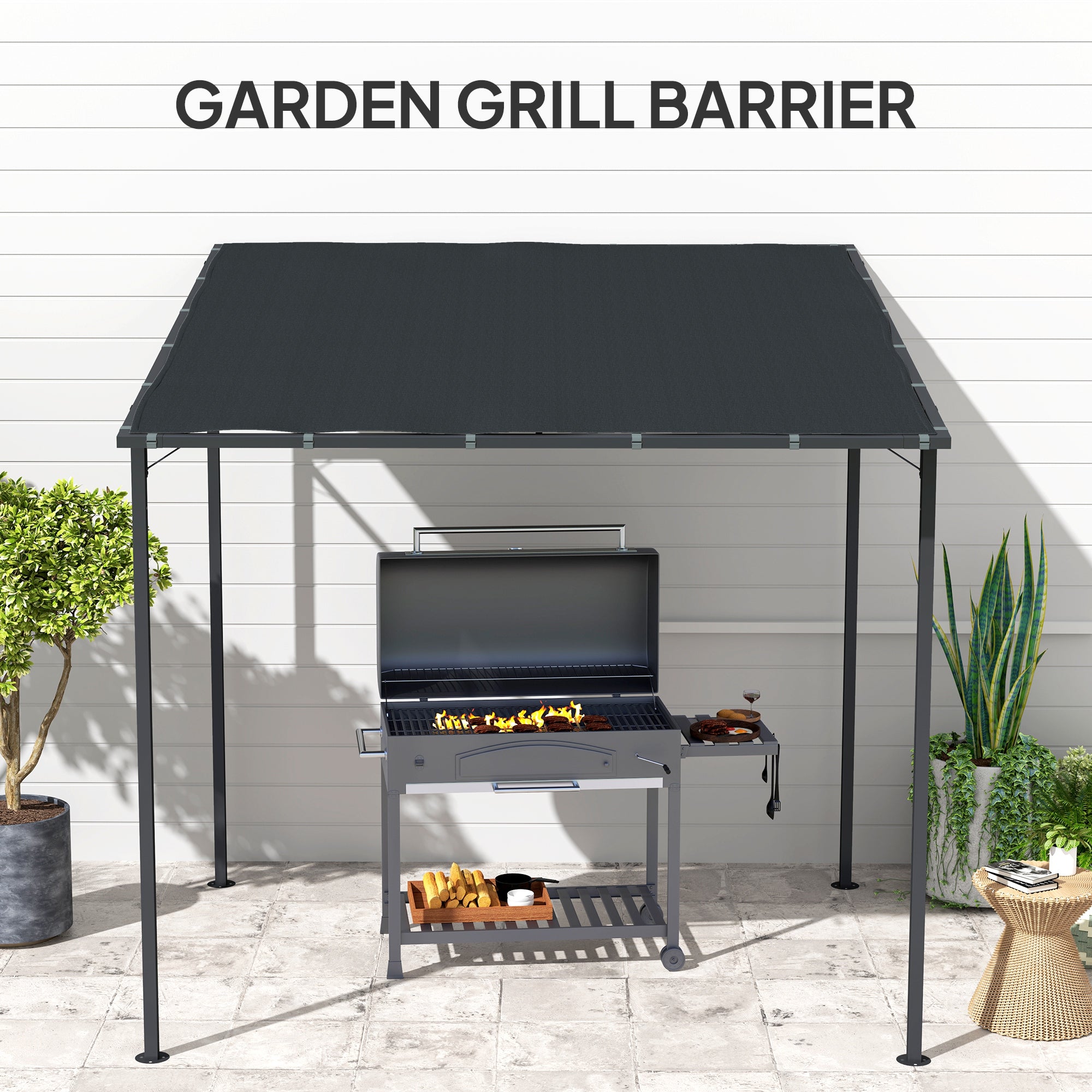 Outsunny 2.4 x 2.4 m Wall Mounted Pergola Gazebo with PA Coating Fabric and Metal Frame, UPF30+, Lean to Garden Gazebo, Wind Resistant Outdoor Sun Shade Shelter for Garden, Deck, Dark Grey