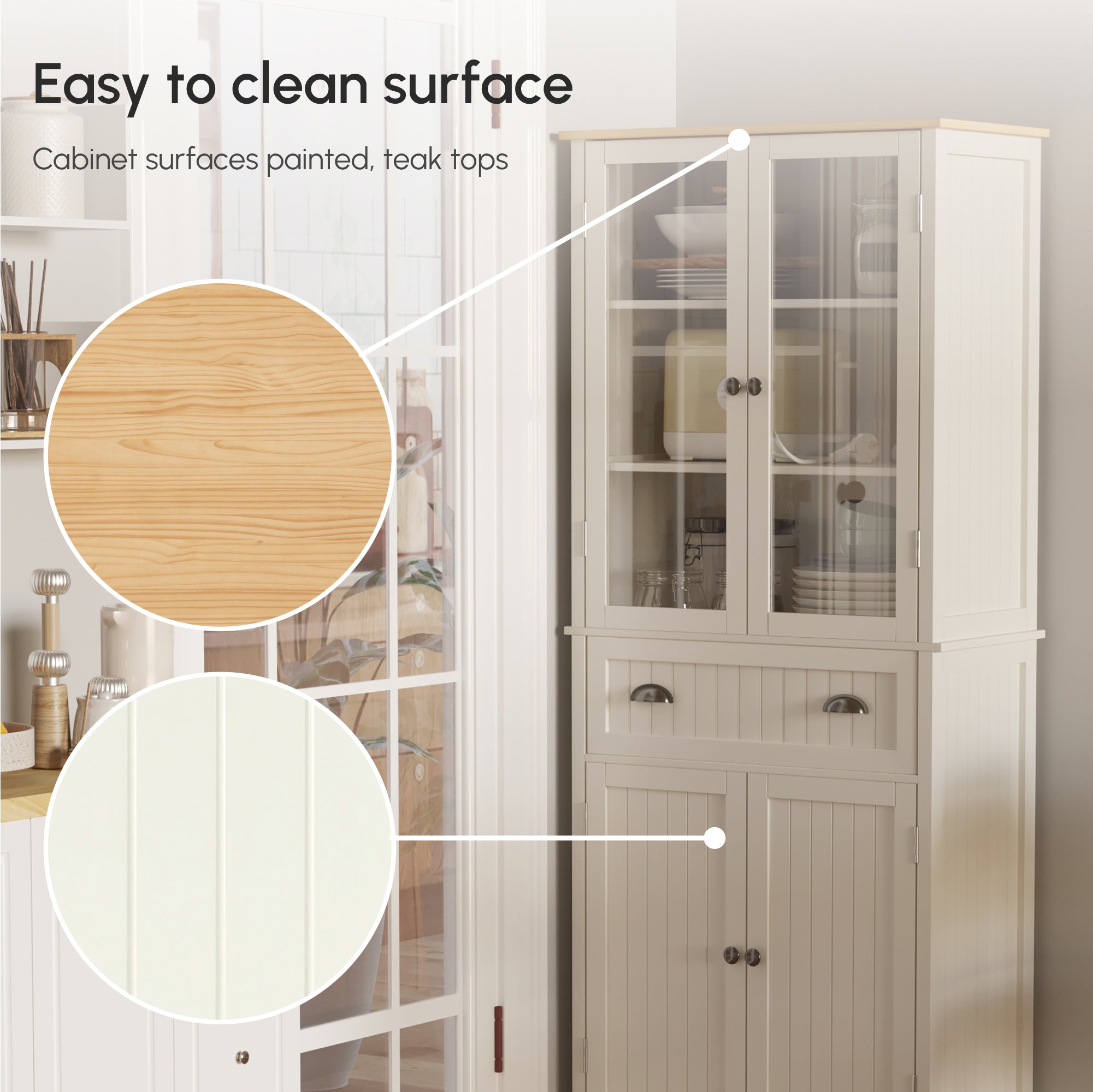 HOMCOM Freestanding Kitchen Cupboard, 5-tier Storage Cabinet with Adjustable Shelves and Drawer for Living Room, Dining Room, Cream White