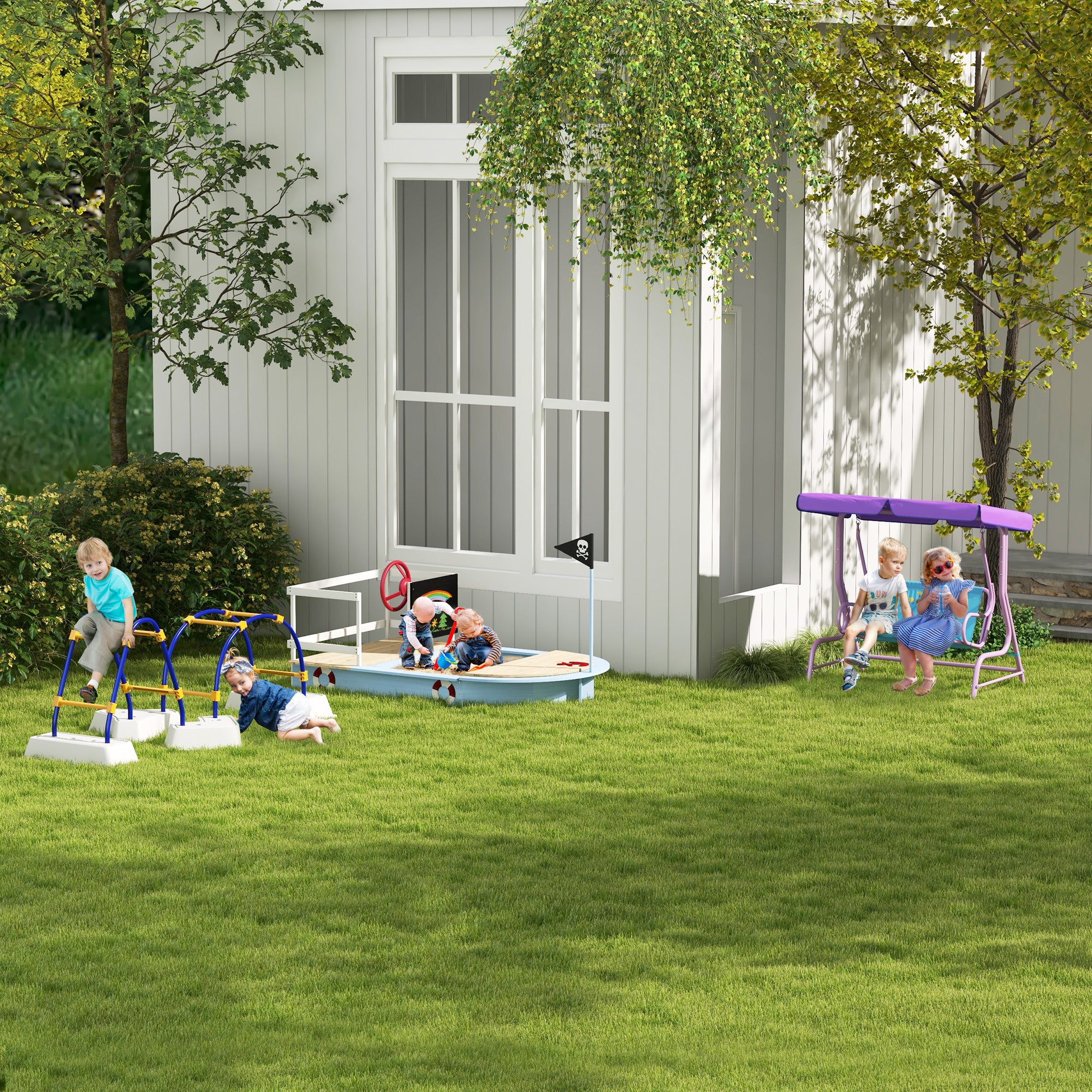 Outsunny Two Seater Kids Garden Swing, Fairy Themed kids Swing Chair with Adjustable Canopy, Safety Belts for Outdoor Use