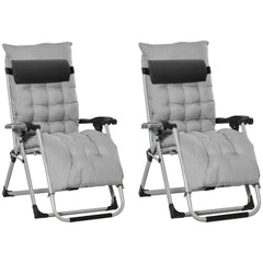 Outsunny 2pc Reclining Zero Gravity Sun Loungers ,Folding Chaise Lounge Chair with Cushions, Light Grey