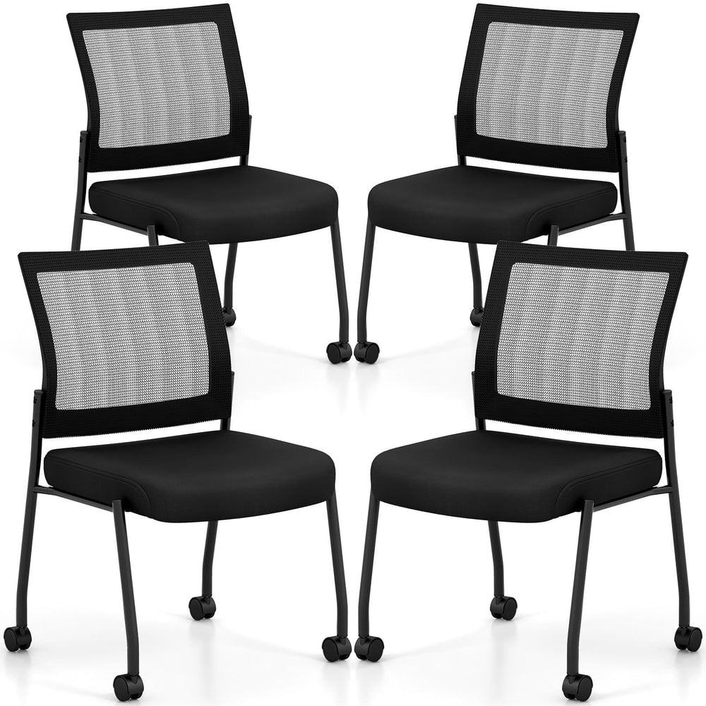 Stackable Armless Waiting Room Guest Chair set of four black chairs with mesh backs and wheels