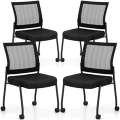 Stackable Armless Waiting Room Guest Chair set of four black chairs with mesh backs and wheels