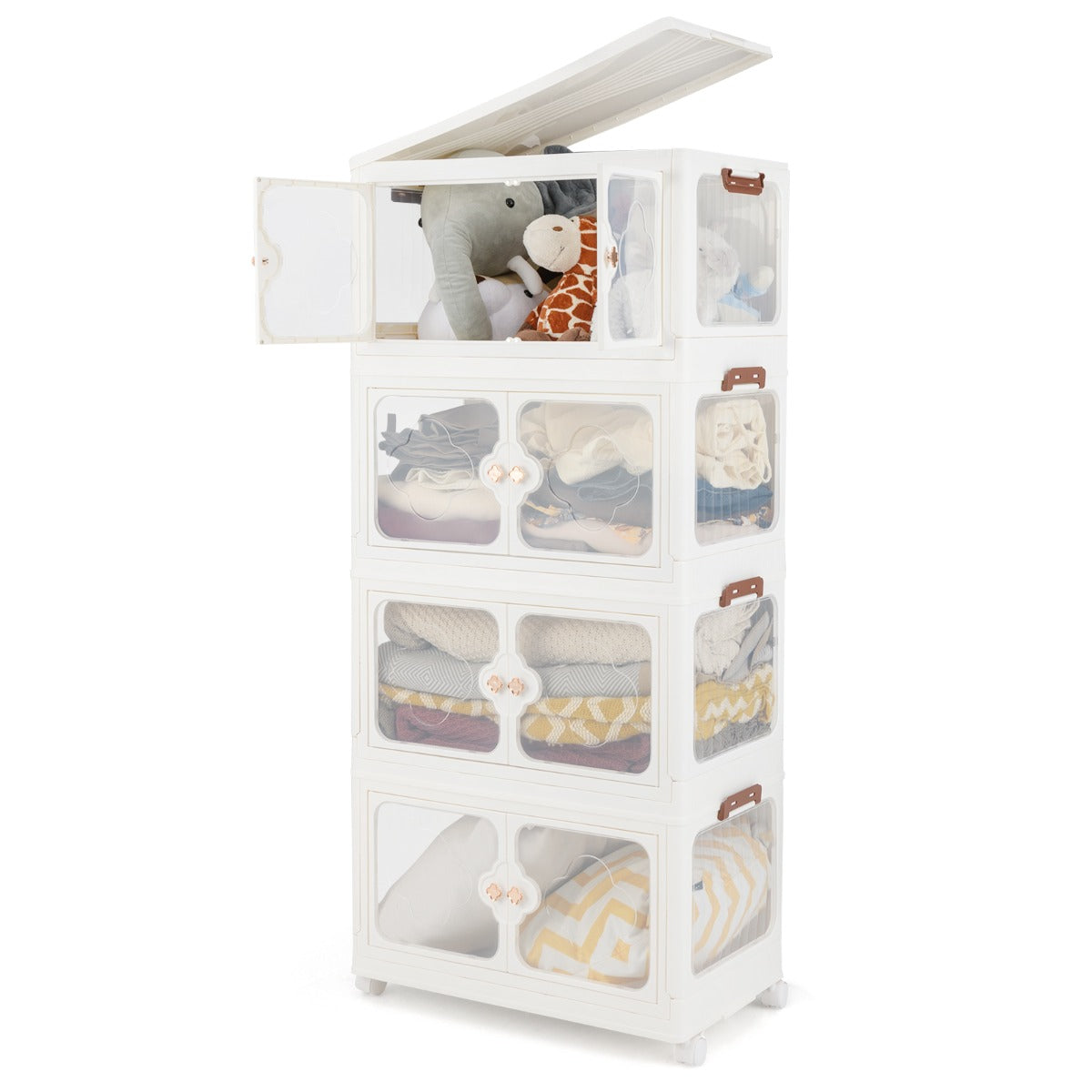 Stackable Storage Containers with Wheels and Lit-White-4-Tier