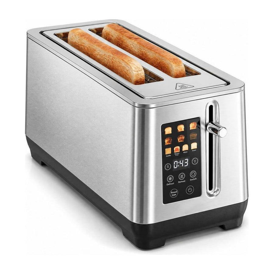 Stainless Steel Toaster with two slices of toasted bread inside the slots