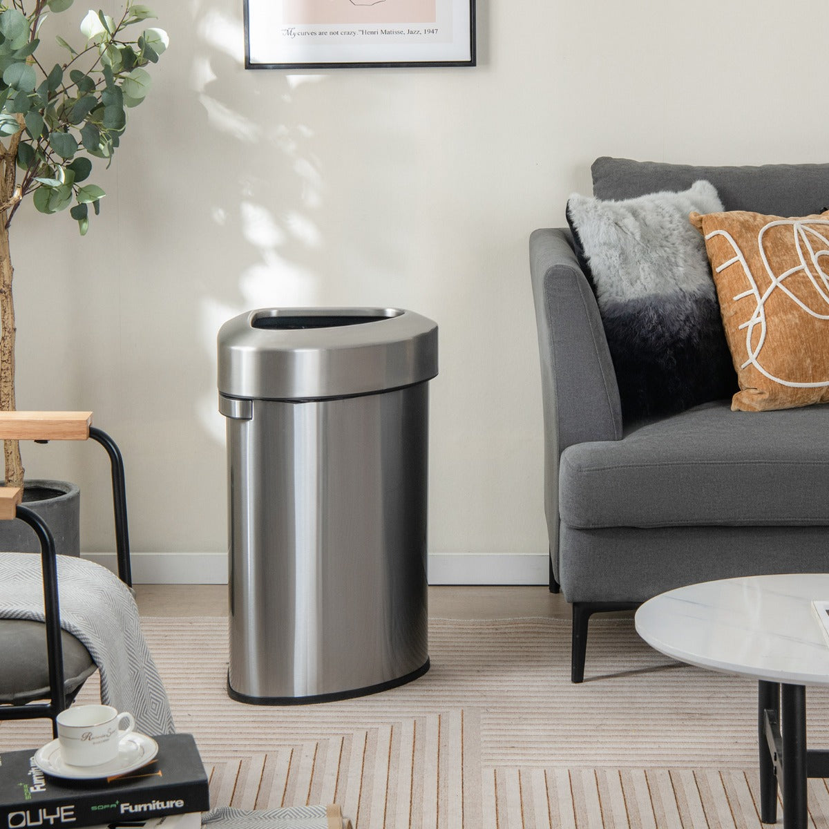 60L Stainless Steel Corner Trash Bin with Lid-Silver