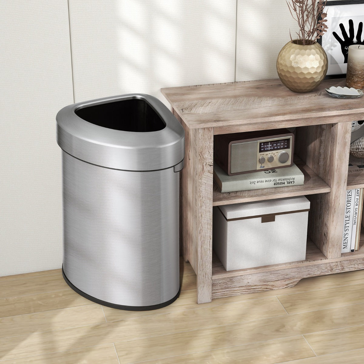 60L Stainless Steel Corner Trash Bin with Lid-Silver