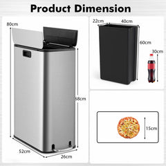 46L Stainless Steel Trash Can with Soft-Closing Wing Lids and Removable Inner Bucket-Silver