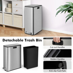 46L Stainless Steel Trash Can with Soft-Closing Wing Lids and Removable Inner Bucket-Silver