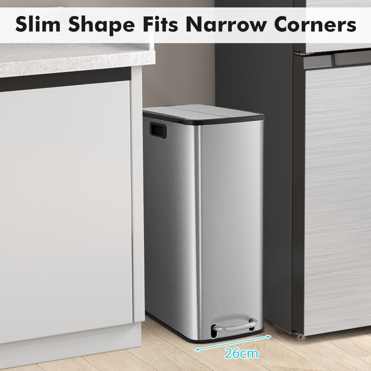 46L Stainless Steel Trash Can with Soft-Closing Wing Lids and Removable Inner Bucket-Silver
