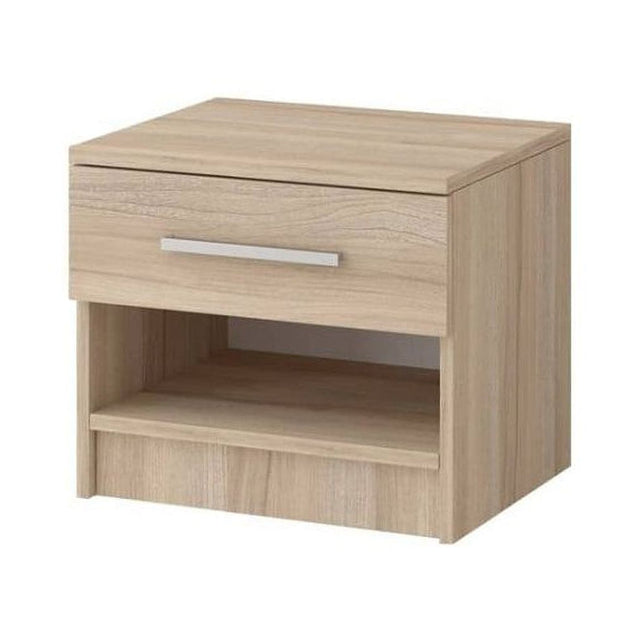 Wooden nightstand with a drawer and open shelf on a white background