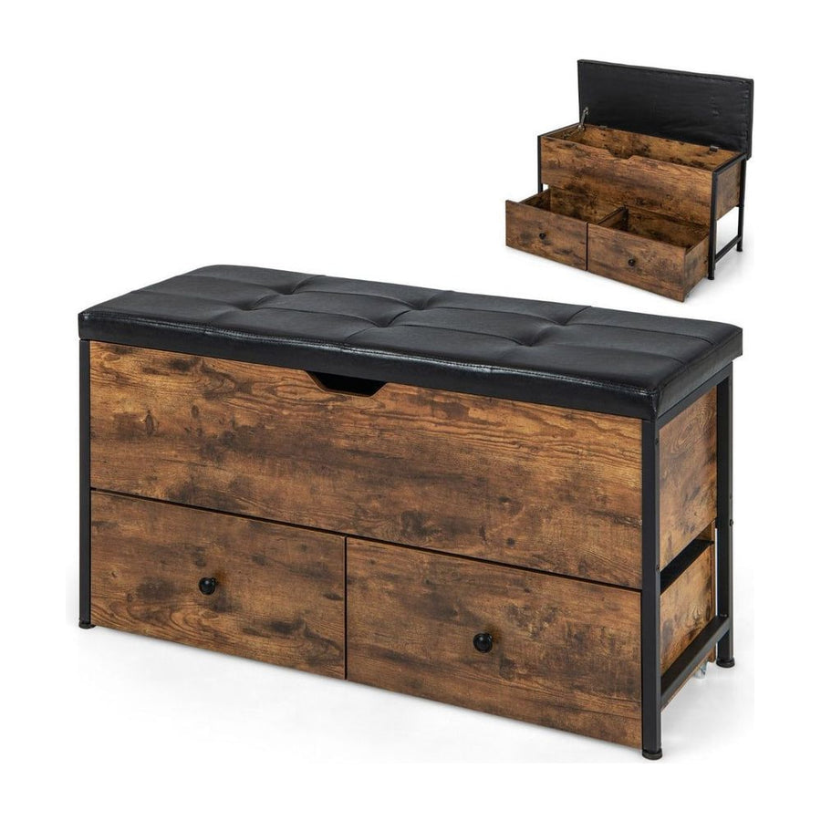 Storage Ottoman Bench with a black padded seat and two drawers in a rustic brown finish