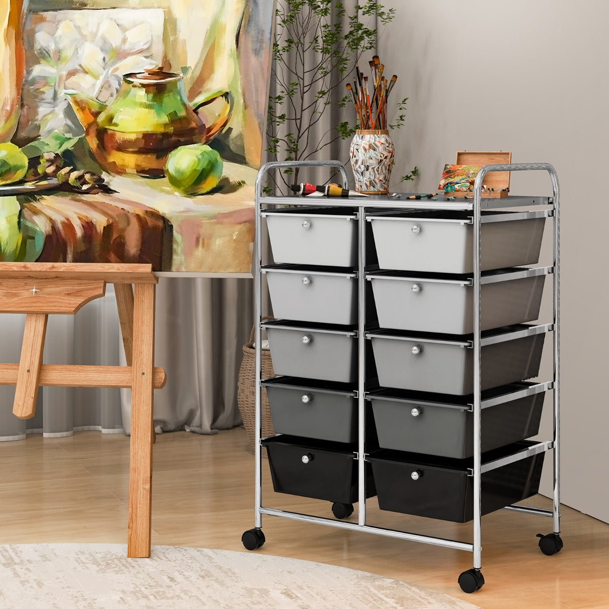 Storage Rolling Cart with 10-Drawer for Tools Scrapbook Paper Organising-Black &amp;amp;amp; Grey