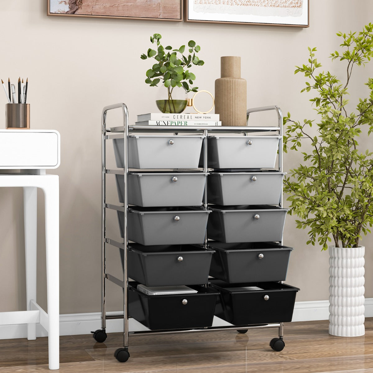 Storage Rolling Cart with 10-Drawer for Tools Scrapbook Paper Organising-Black &amp;amp;amp; Grey