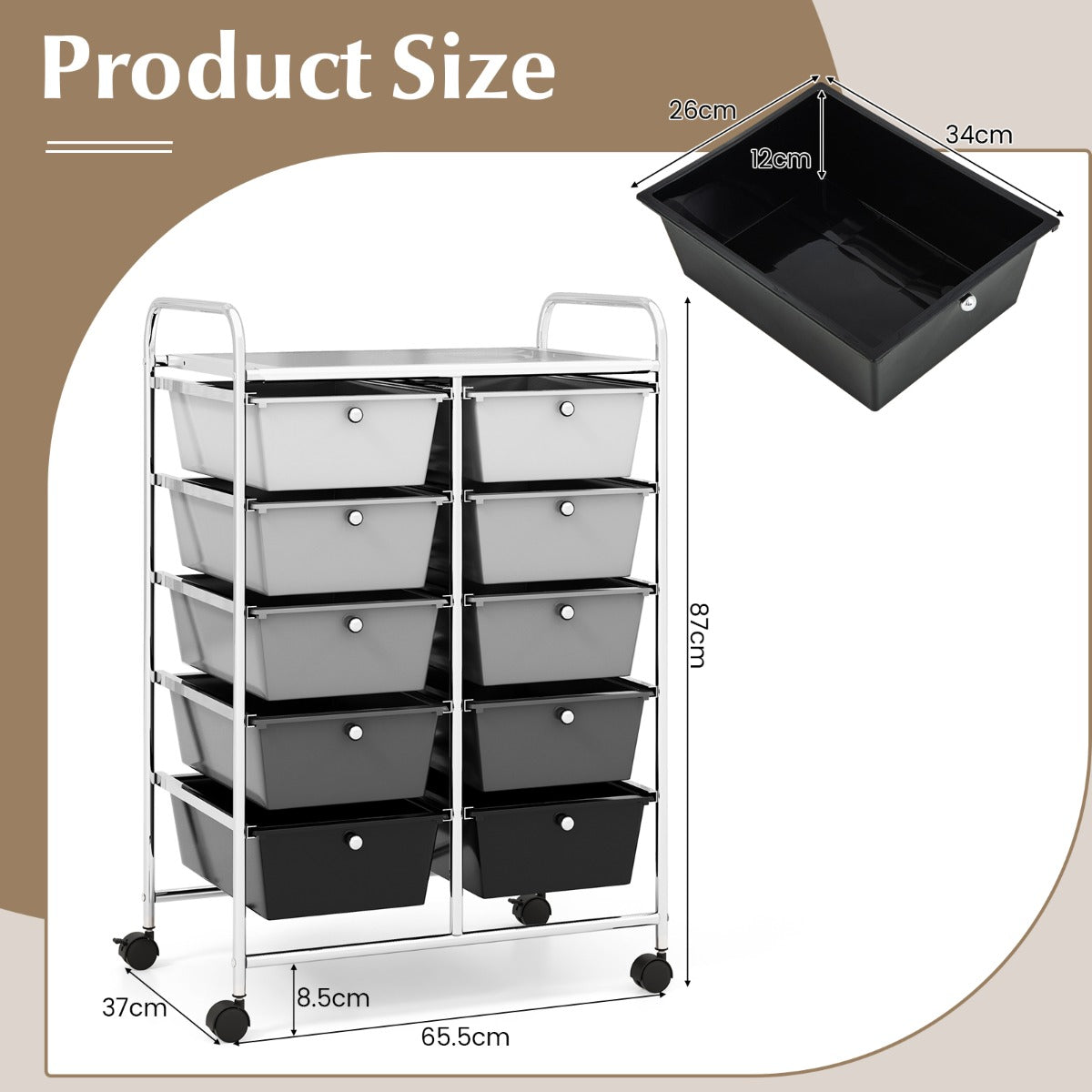 Storage Rolling Cart with 10-Drawer for Tools Scrapbook Paper Organising-Black &amp;amp;amp; Grey