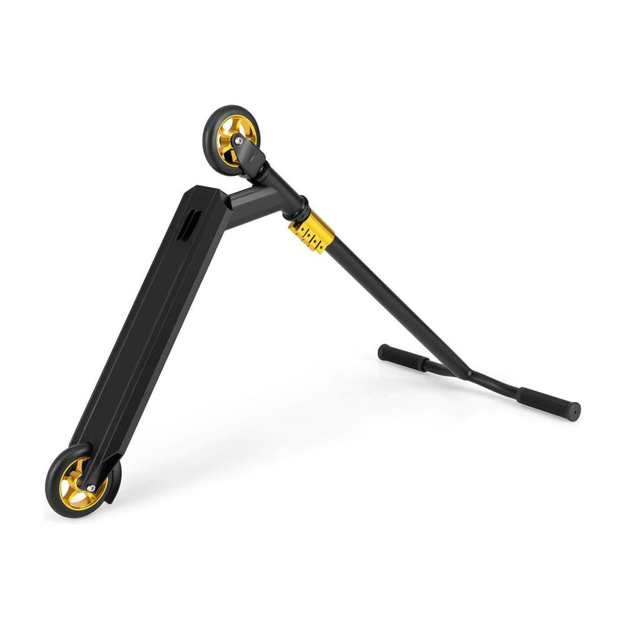 Stunt Scooter Pro Trick Scooter with 2 PU Wheels for Kids-Black, shown folded with gold accents